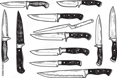 Collection of various types of knives in black and white illustr