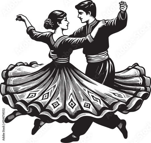 A Kurdish couple engaging in a traditional Dabke dance with flui