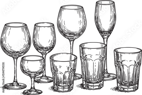Hand-drawn illustration of various glasses for beverages, wine a