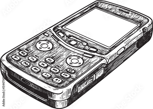 Detailed black and white illustration of a retro PDA or mobile d