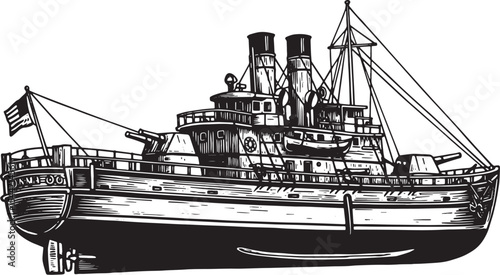 Vintage-style drawing of an American warship, isolated on a whit