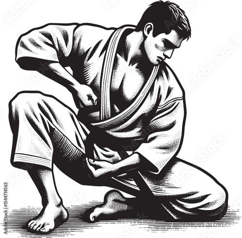 Monochrome woodcut illustration of a male judoka in action on an