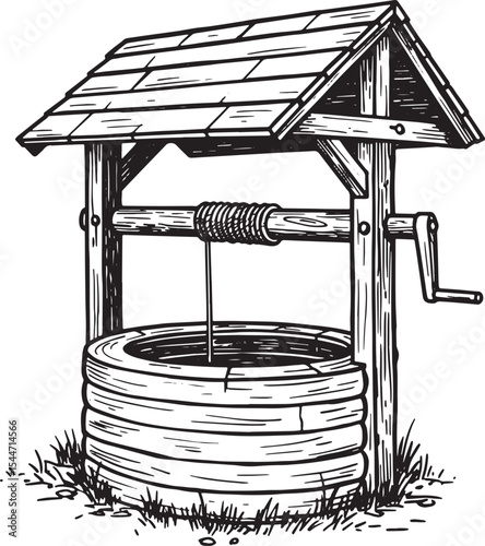 Hand-drawn illustration of a rustic well with a wooden roof in a