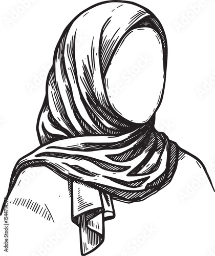 Illustration of a woman wearing a hijab in a black and white lin