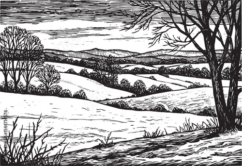 Black and white winter landscape illustration depicting snow-cov