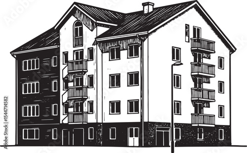 Ink Drawing of a Modern Apartment Building with Balconies and Wi