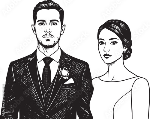 Elegant black and white illustration of a couple, bride and groo