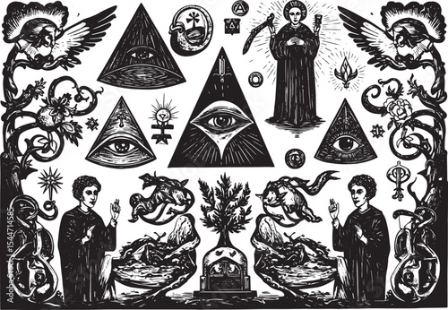 Mystical Symbolic Illustration with Triangles, Eyes, Figures and