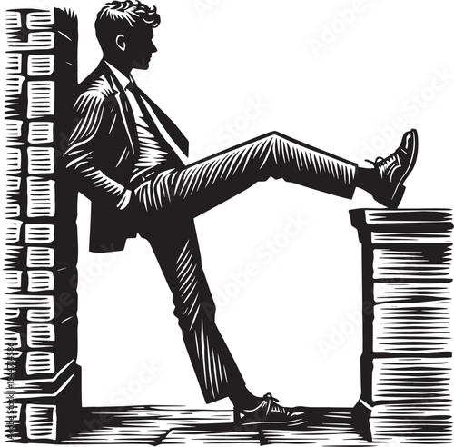 Monochrome illustration of a relaxed man in suit leaning against