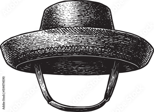 Detailed black and white illustration of a straw hat with chin s
