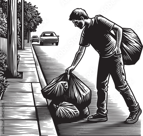 Monochrome Illustration of a Man Gathering Trash Bags on Suburba