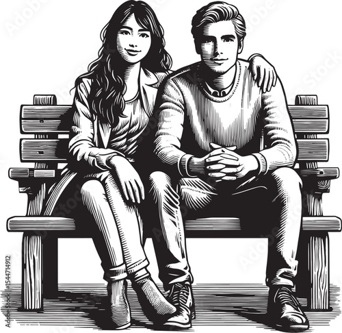 Engraved illustration of a serene couple sitting intimately on a