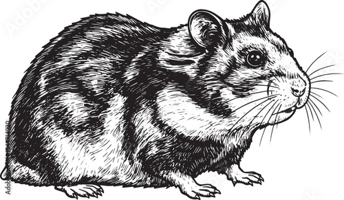 Detailed black and white illustration of a hamster, featuring in
