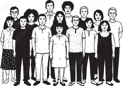 Illustration of a diverse group of people in black and white sty
