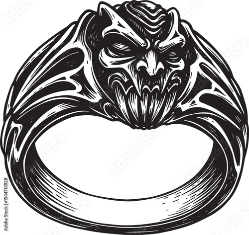 Detailed black and white illustration of a demonic ring, gothic