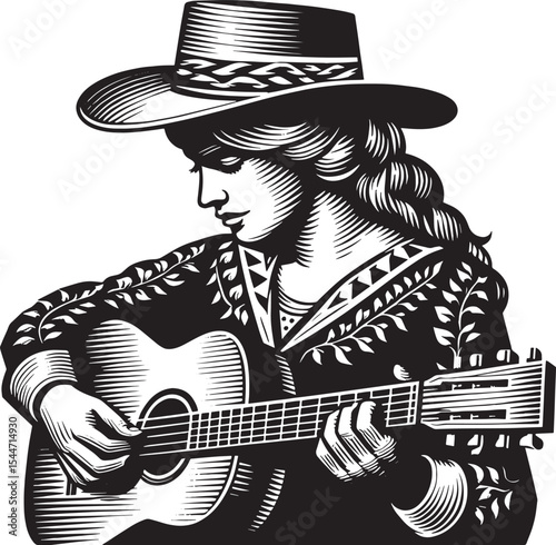 Monochrome country musician illustration with guitar and hat in