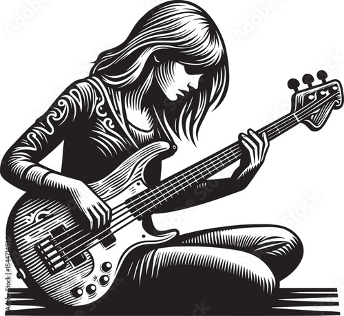 Elegant woman playing bass guitar in monochromatic woodcut engra