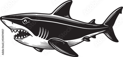 Detailed Black and White Illustration of a Great White Shark on