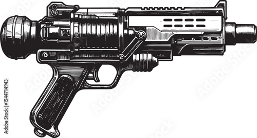 Detailed Monochrome Illustration of a Futuristic Sci-Fi Blaster
