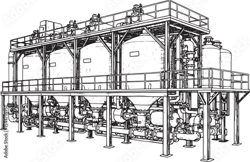 Ink drawing of industrial tanks and piping system in a factory s