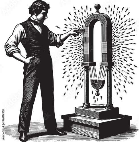 Vintage illustration of a scientist demonstrating a magnetic fie