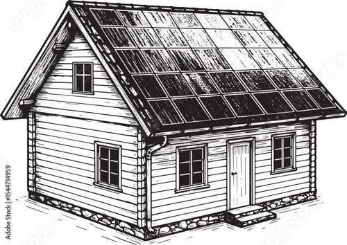 Black and white illustration of a house with solar panels on the