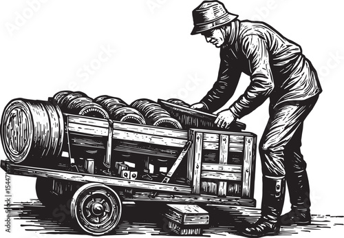 Vintage Artwork of a Man Loading Barrels onto a Wooden Cart, Bla