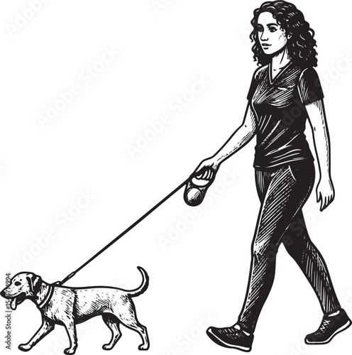 Illustration of a woman walking a dog, black and white drawing o