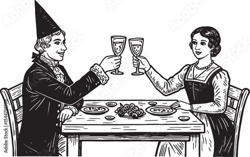 Illustration of a Man and Woman Toasting Wine Glasses at a Dinne
