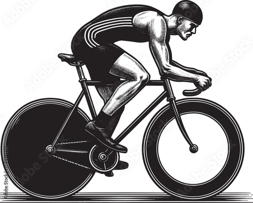 Monochrome Woodcut Illustration of a Determined Cyclist Racing o