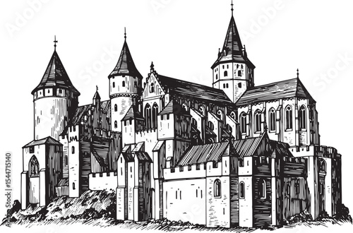Detailed Black and White Illustration of a Medieval Castle and F