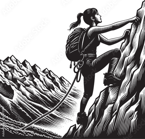 Intrepid female alpinist persevering in a challenging mountain c