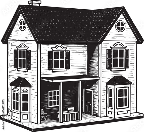Detailed black and white illustration of a classic dollhouse on