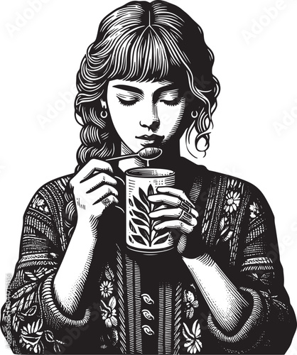 Woodcut illustration of a woman peacefully savoring a cup of tea