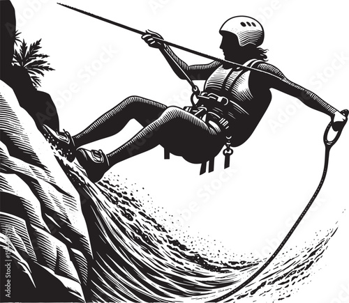 Black and White Woodcut of a Female Canyoning Athlete Rappelling