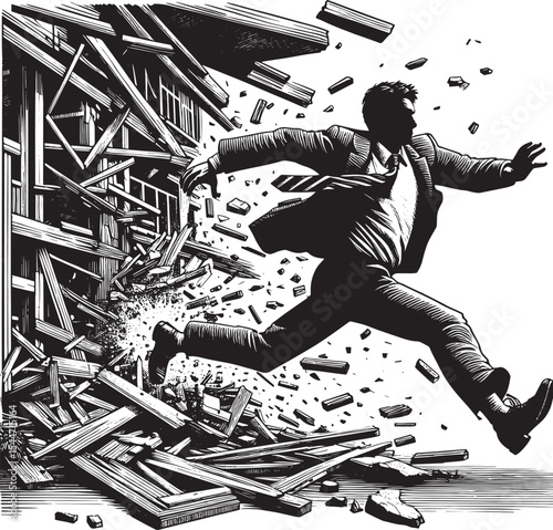 Urgent Escape: Silhouette Businessman Evading Building Collapse