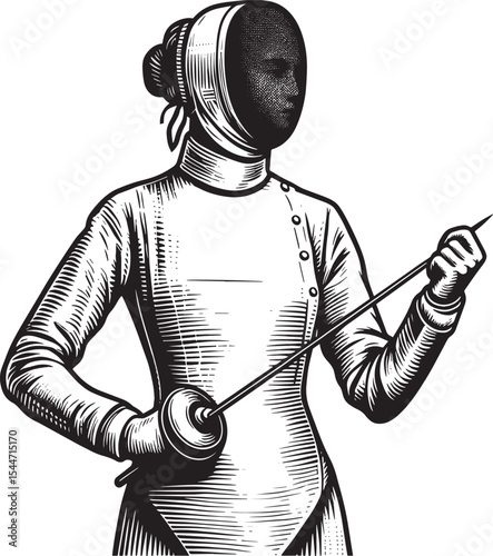 Vintage Illustration: Focused Female Fencer in Action, Ready to