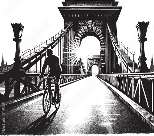 Stylized monochrome image of a cyclist on a bridge at dawn illus