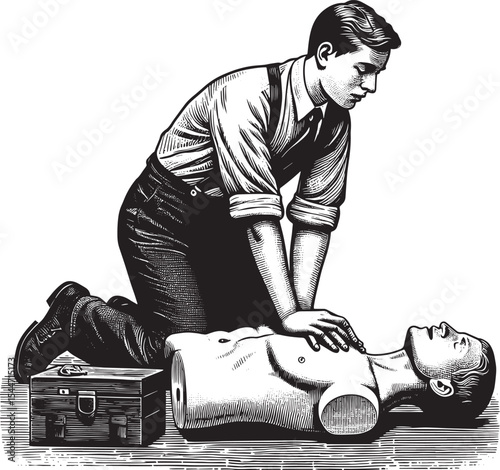 Resuscitation Training Illustration: Man Demonstrating CPR on Tr