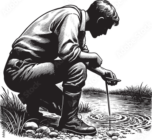 Man intently observes a pristine brook, rendered in a classic wo