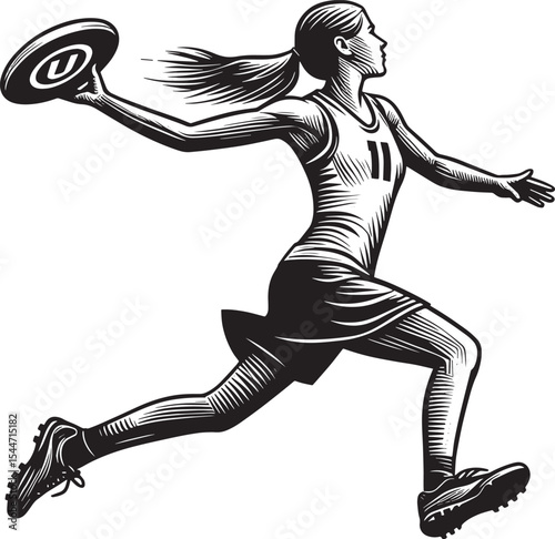 Dynamic female ultimate frisbee athlete, vintage style woodcut i
