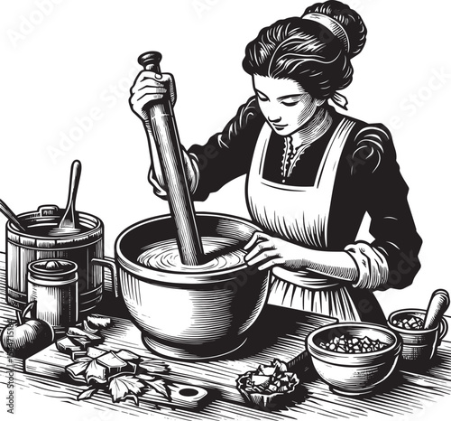 Vintage Kitchen Scene Woman Preparing Food with Pestle in Woodcu