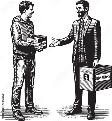 Hand-drawn Illustration of a Man Collecting Charity Donations fr