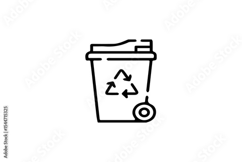 The image shows a black and white vector icon of a recycling bin with wheels. The bin has the recycling symbol (a triangle made of three arrows) prominently displayed on its front.