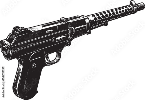 Detailed vintage black and white illustration of a machine pisto