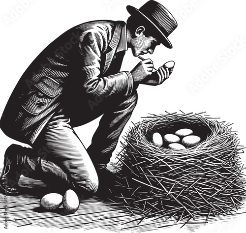 Intricate woodcut drawing of a man inspecting eggs near a nest w