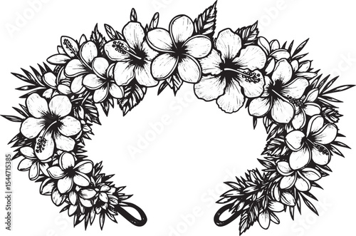 Detailed Black and White Floral Lei Illustration for Design or D