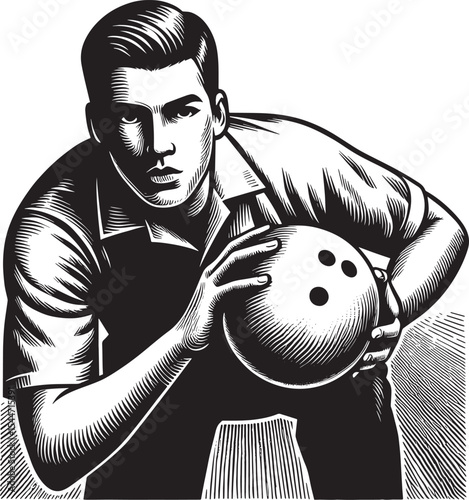 Determined bowler illustration, black and white woodcut style gr