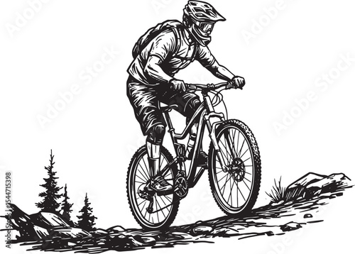 Mountain biker riding on a trail in black and white illustration