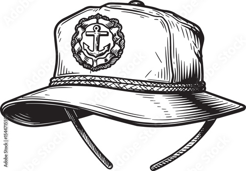 Detailed Black and White Illustration of a Sailor's Hat with an
